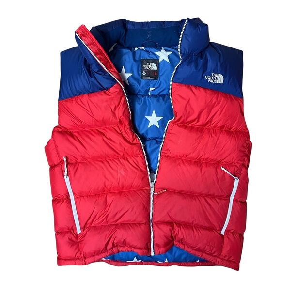 The North Face Puffer Vest Mens Large Red 700 Down Fill Nuptse USA Stars RU/14 - Picture 1 of 14